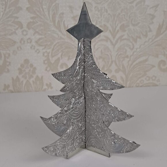 Pair of Aluminum Textured Patchwork Christmas Trees with Star Decor Holiday - Picture 7 of 11